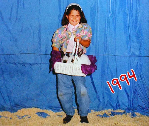 me as a kid, posing with a couple of my rabbits in an easter basket at a show