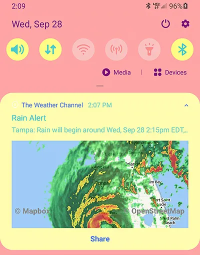 a snapshot of my phone showing a rain alert with a radar image showing the hurricane hitting florida