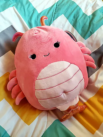 a large, round, pink, smiling shrimp plushie