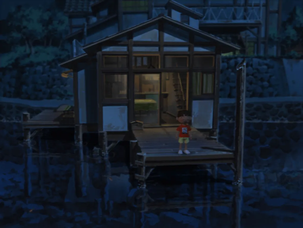 Scene of the sea at night from Boku no Natsuyasumi 2, at the pier
