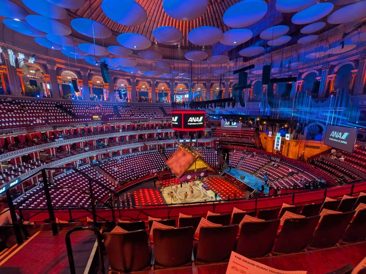 The view from my seat at the event, while the wrestlers warm up.