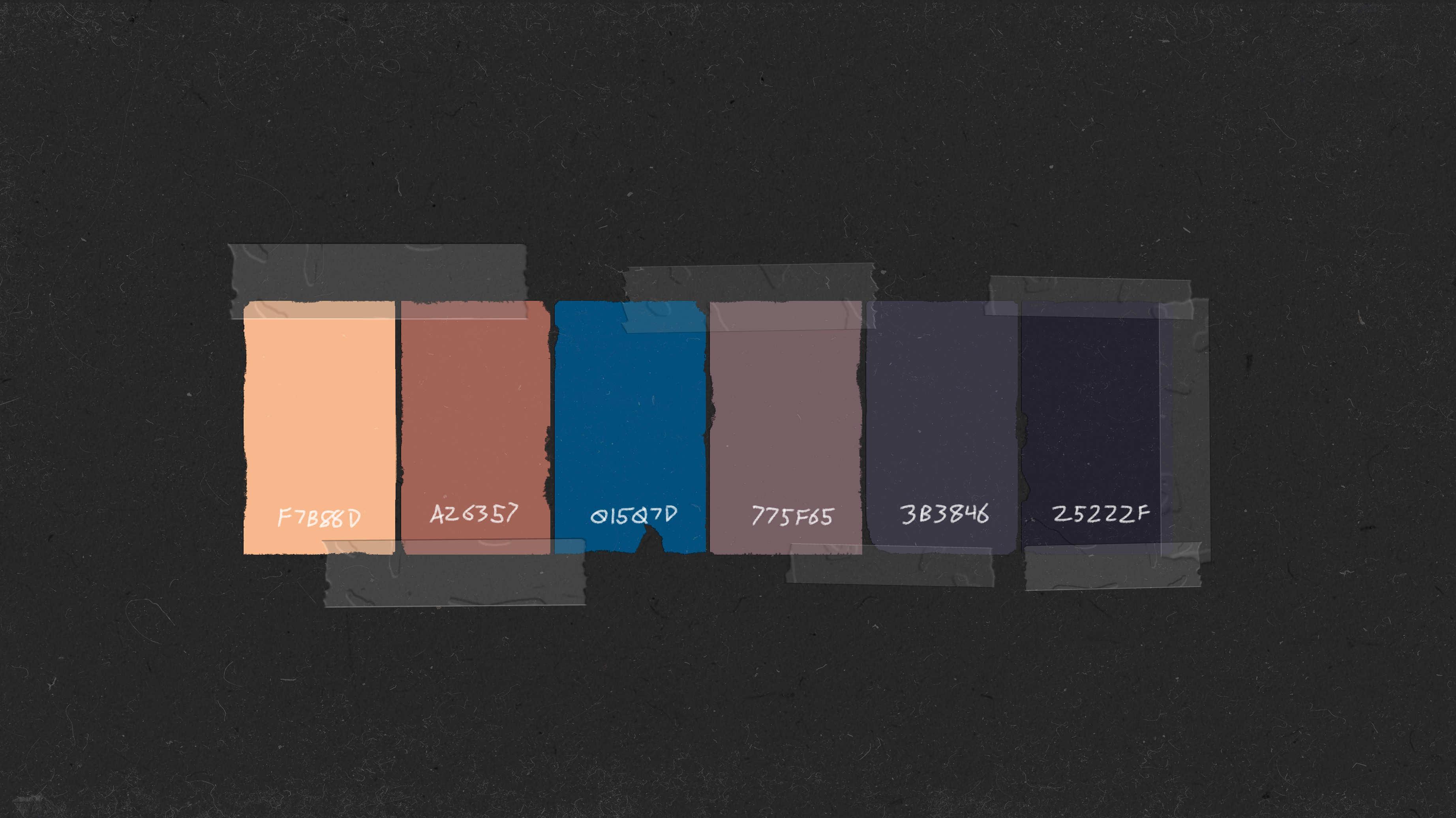 6 scratched up color tiles are taped to a black construction paper background; they have their hex codes written in white ink on them;#F7B88D,#A26357,#01507D,#775F65,#3B3846 and #25222F