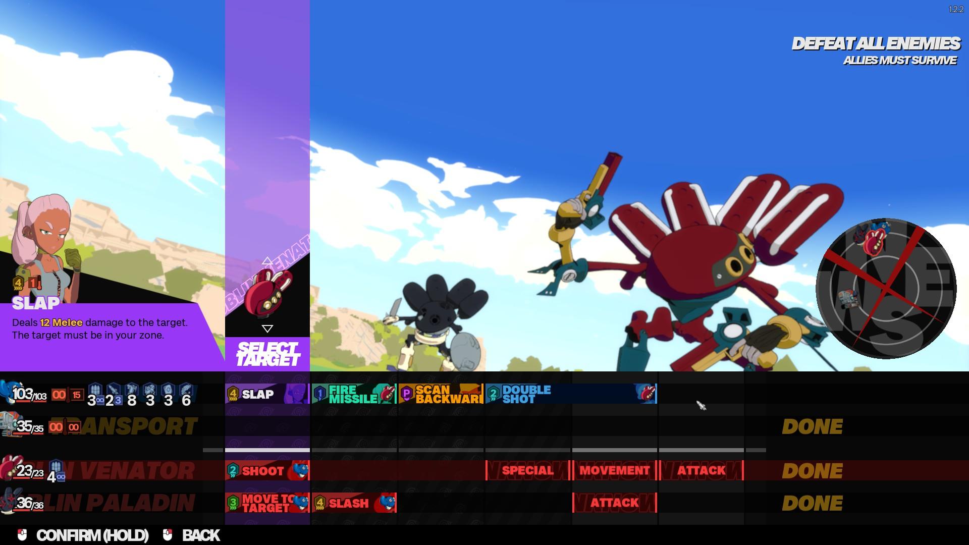 Screenshot from Nitro Gen Omega; a timeline of actions takes up the lower screen and the upper portion shows enemy mechs