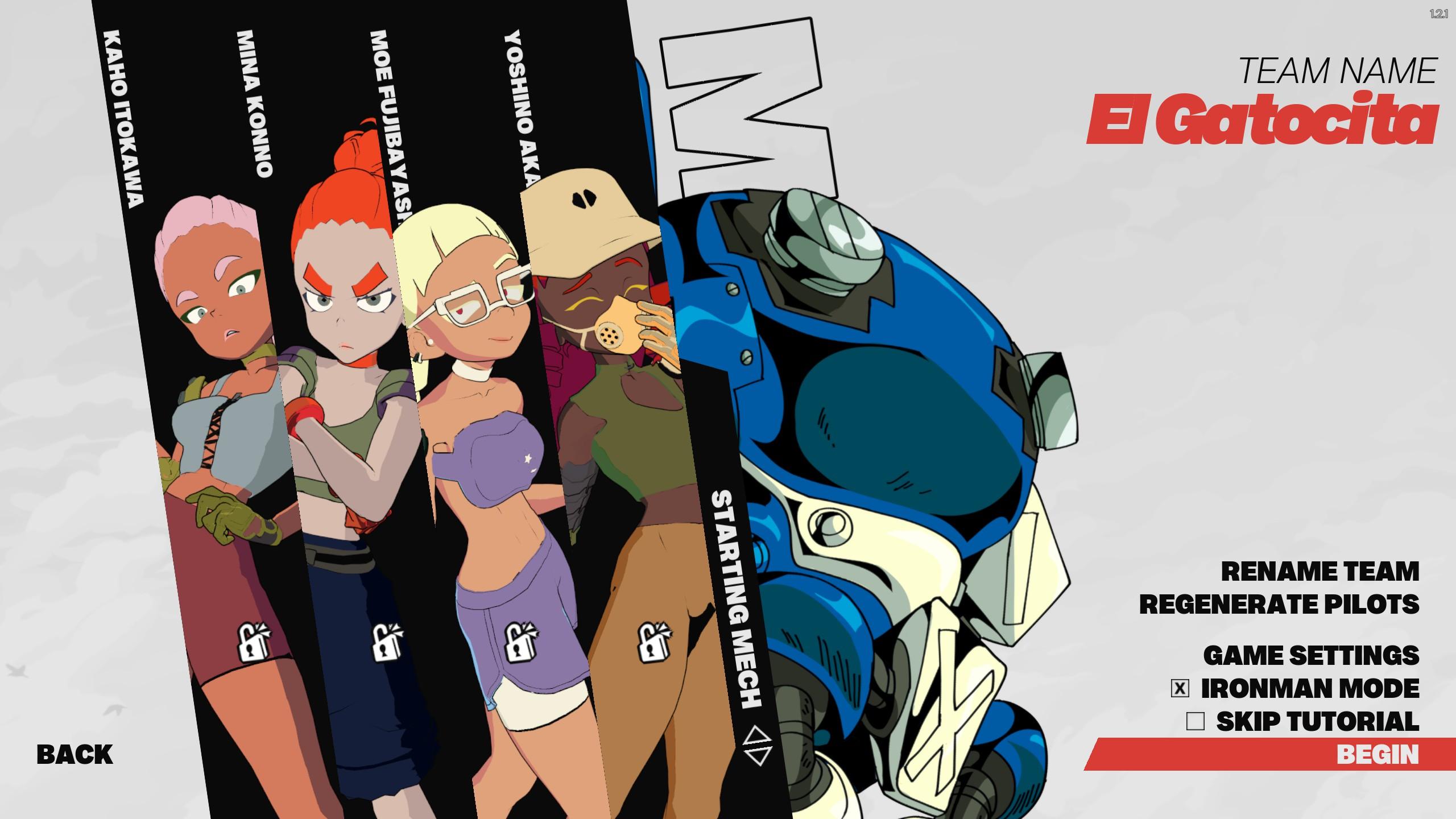 Screenshot from Nitro Gen Omega; the team EL GATOCITO is about to begin a run; four characters pose next to a blue mech. The IRONMAN MODE option is selected