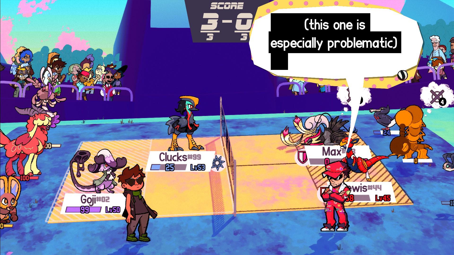 Screenshot of a Beastieball match; the score shows a 3-0 win on the player's side with the enemy coach (clad in red racing gear) speaking in a talk bubble that is censored with a black bar and the caption '(this one is especially problemantic) 