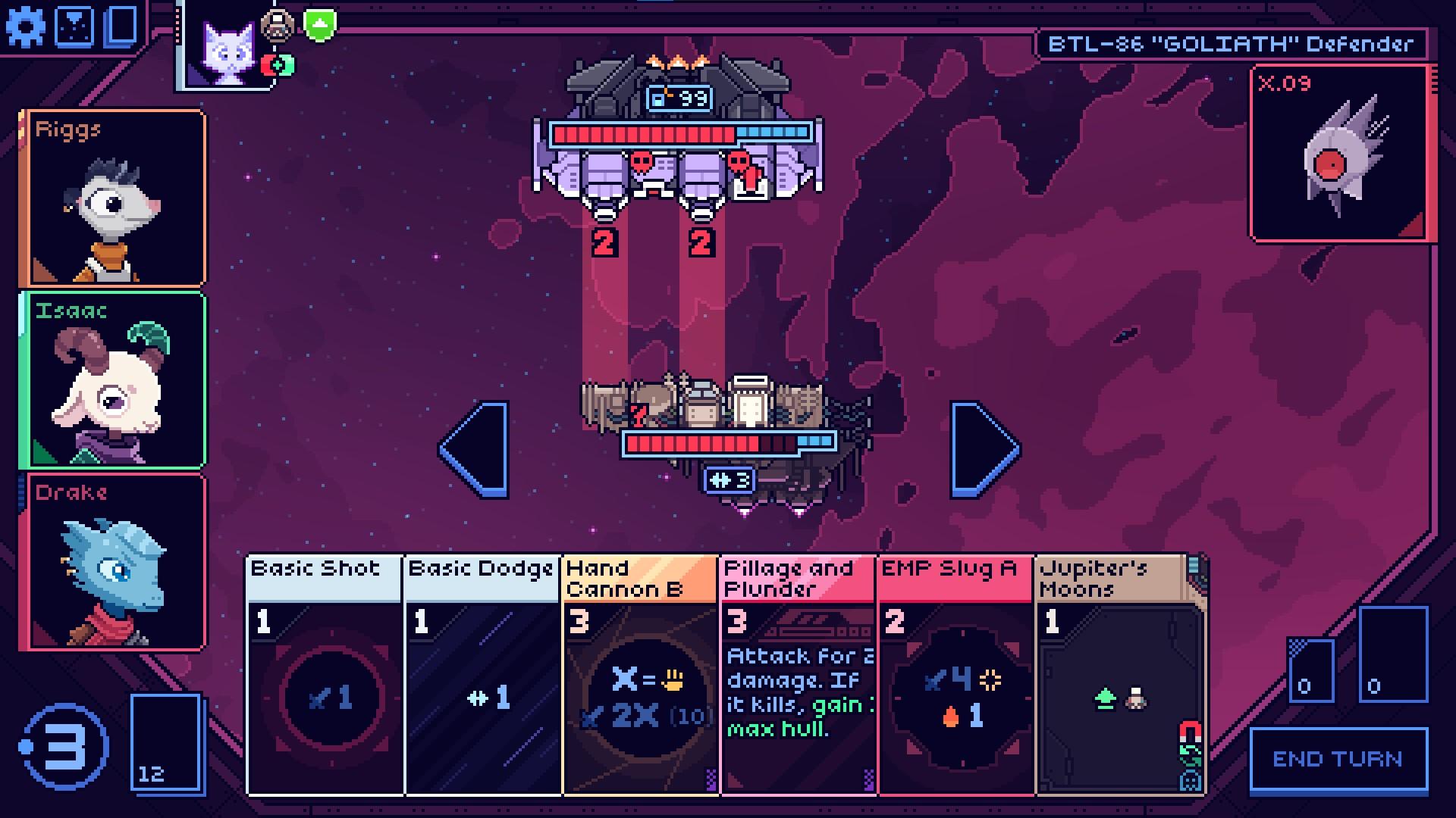 Screenshot of Cobalt Core; a hand full of cards at the bottom of the screen, two spaceships in the middle and three animal people portraits on the left; Riggs, an opossum, Isaac, a ram, and Drake, a dragon