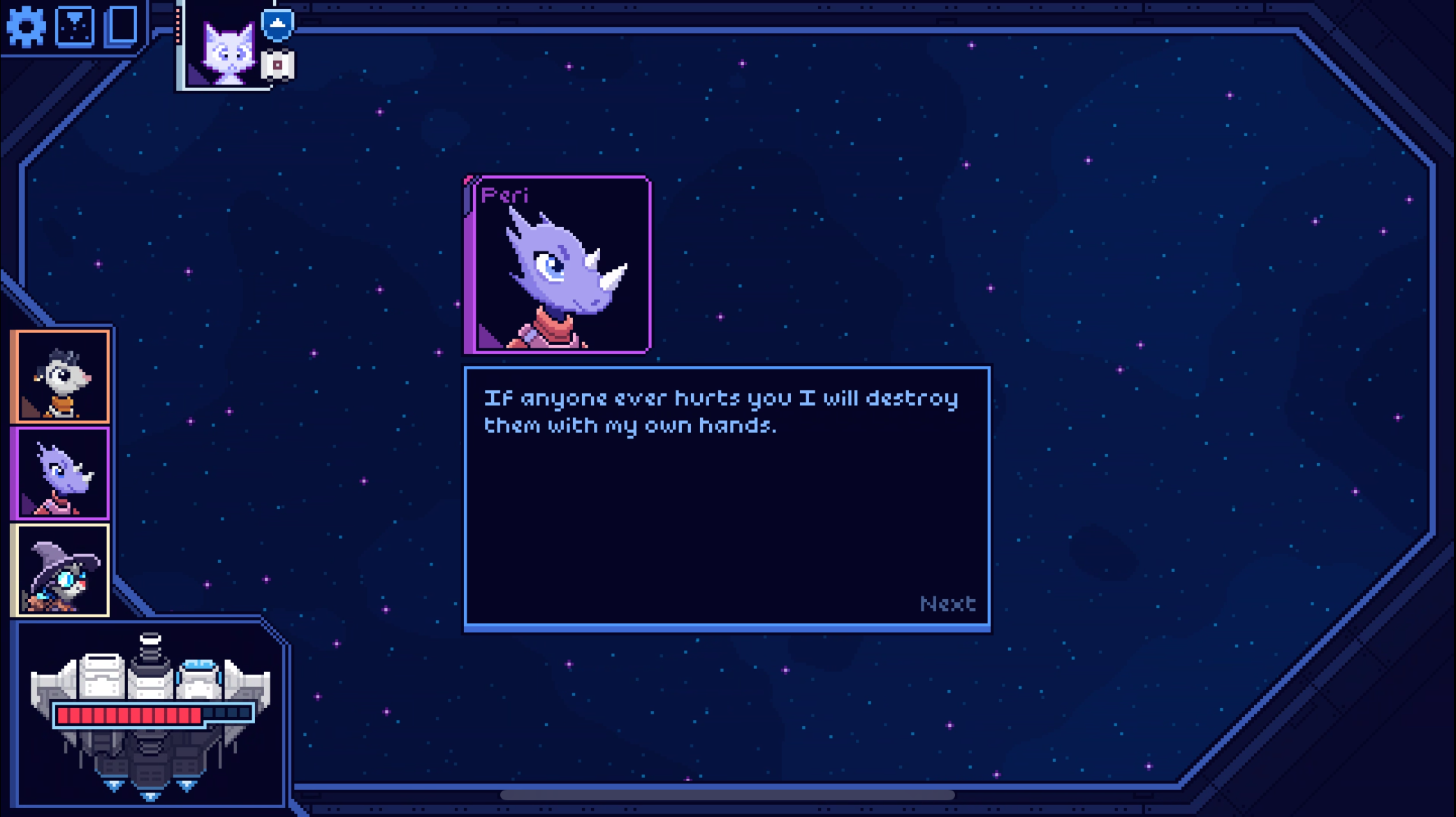 Dialog of Peri the Rhino saying 'If anyone ever hurts you I will destroy them with my own hands.'