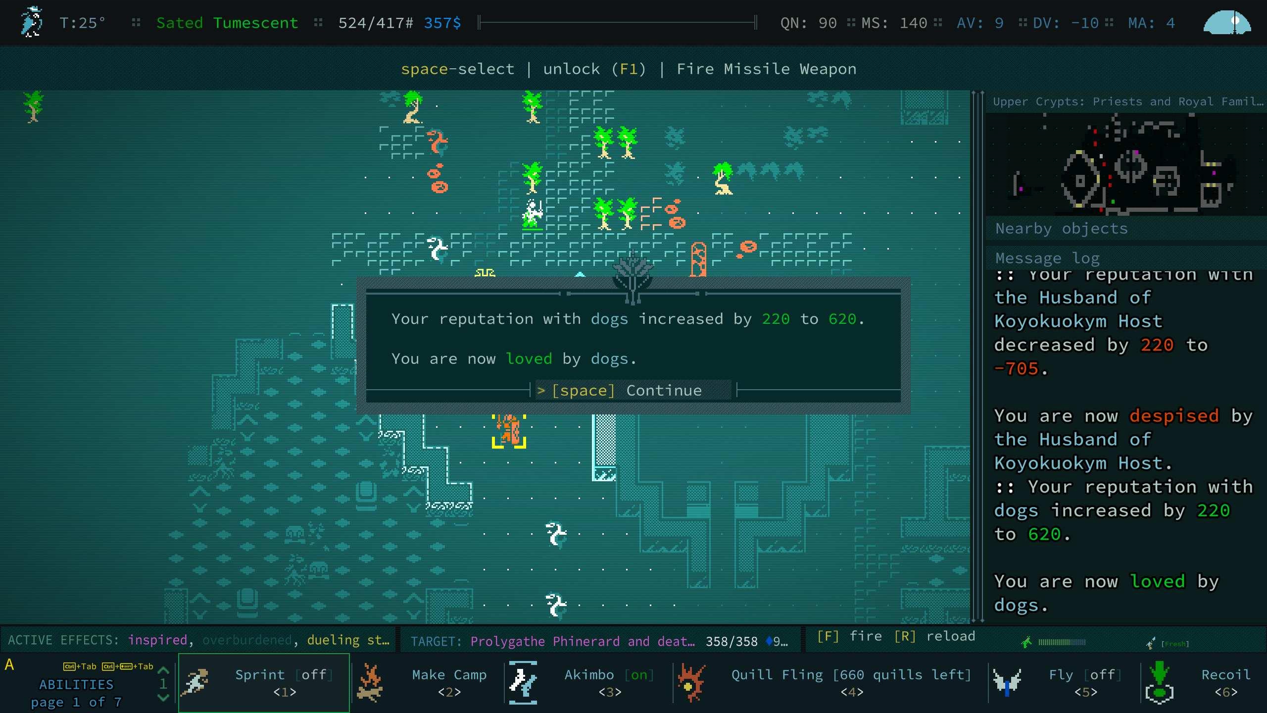 Screenshot of Caves of Qud; the dialog reads 'Your reputation with dogs increased by 220 to 620, you are now loved by docs.' 