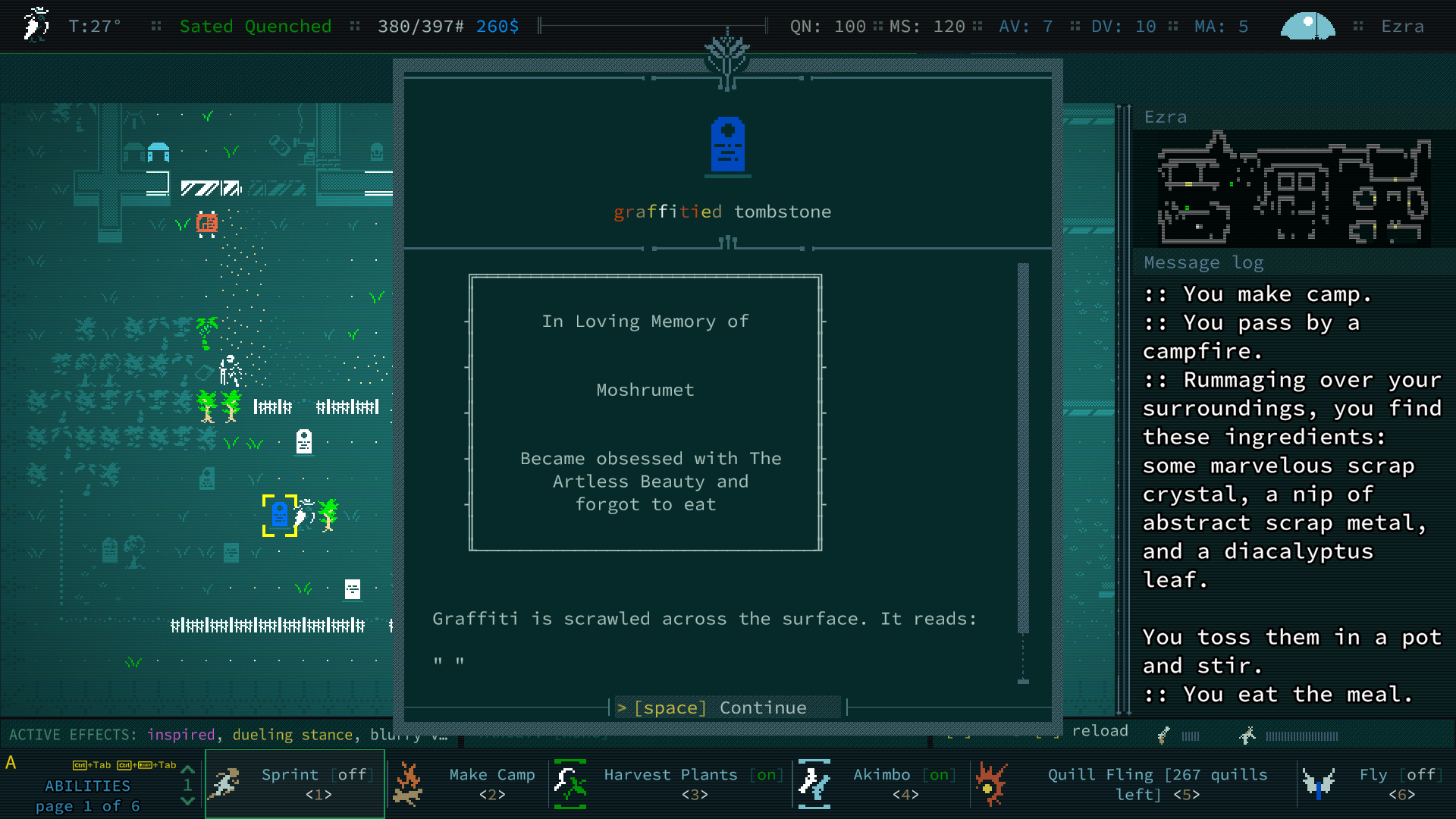 Screenshot of Caves of Qud; a graffitied tombstone reads, 'In loving memory of Moshrumet, Became obsessed with The Artless Beauty and forgot to eat'