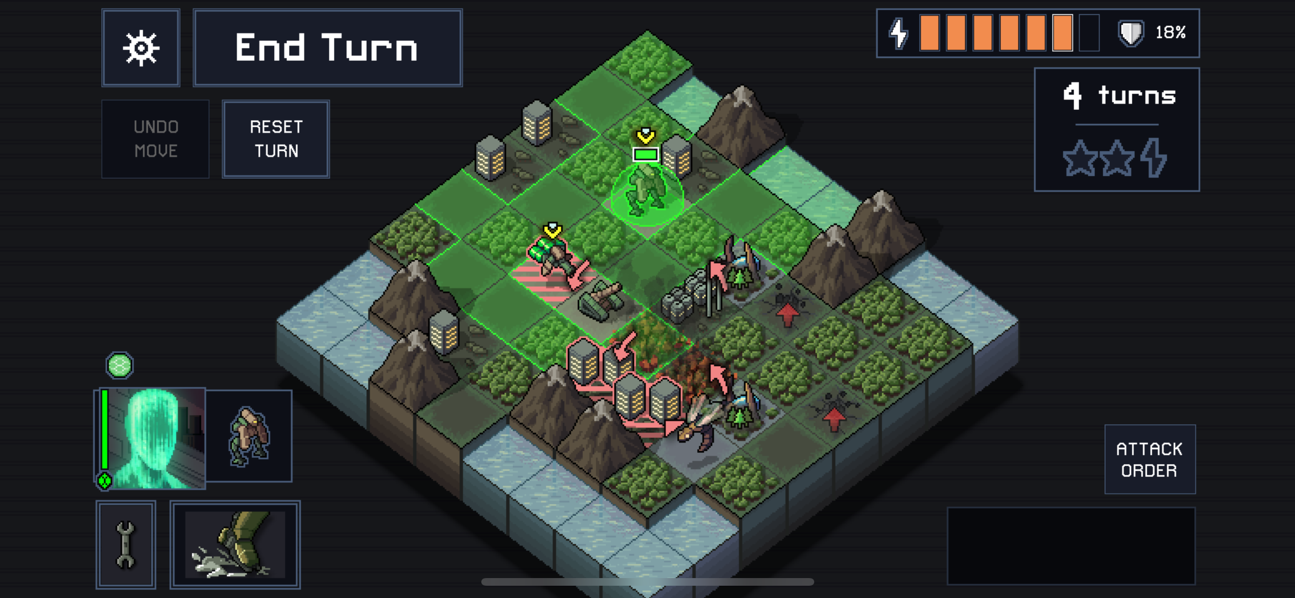 Screenshot of Into the Breach; an isometric 8x8 diorama grid shows mountains, forrests, a few buildings, and 3 mechs surrounded by giant bugs - there's an indicator of '4 turns' remaining