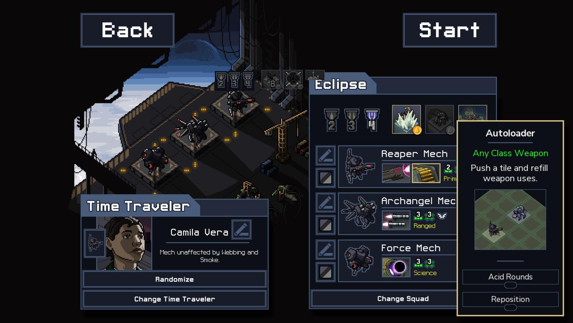 Screenshot of Into the Breach; the Time traveler Camila Vera is selected alonmgside the Eclipse mech squadron, a black colored squad added as a mod
