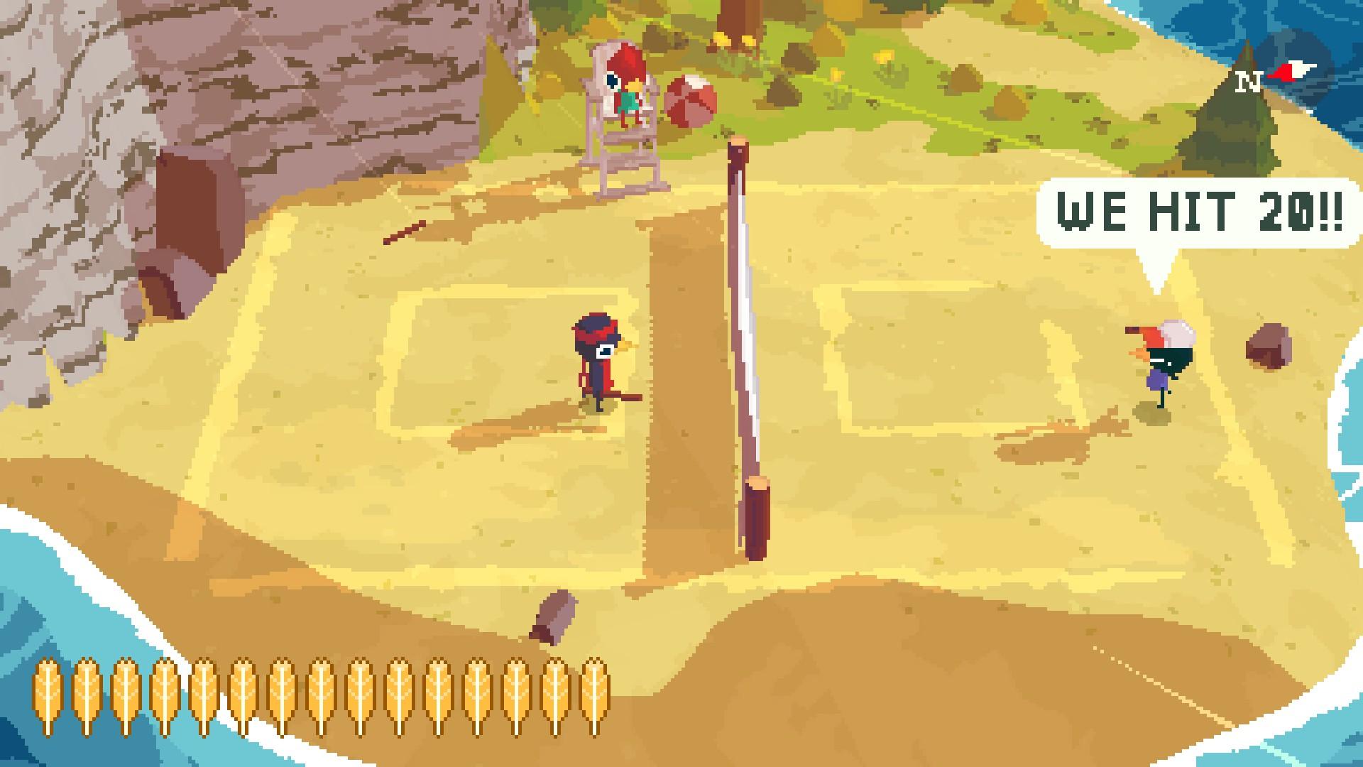 Screenshot from A Short Hike; two bird people are standing on opposite sides of a beach volleyball net; one is shouting 'WE HIT 20!!'