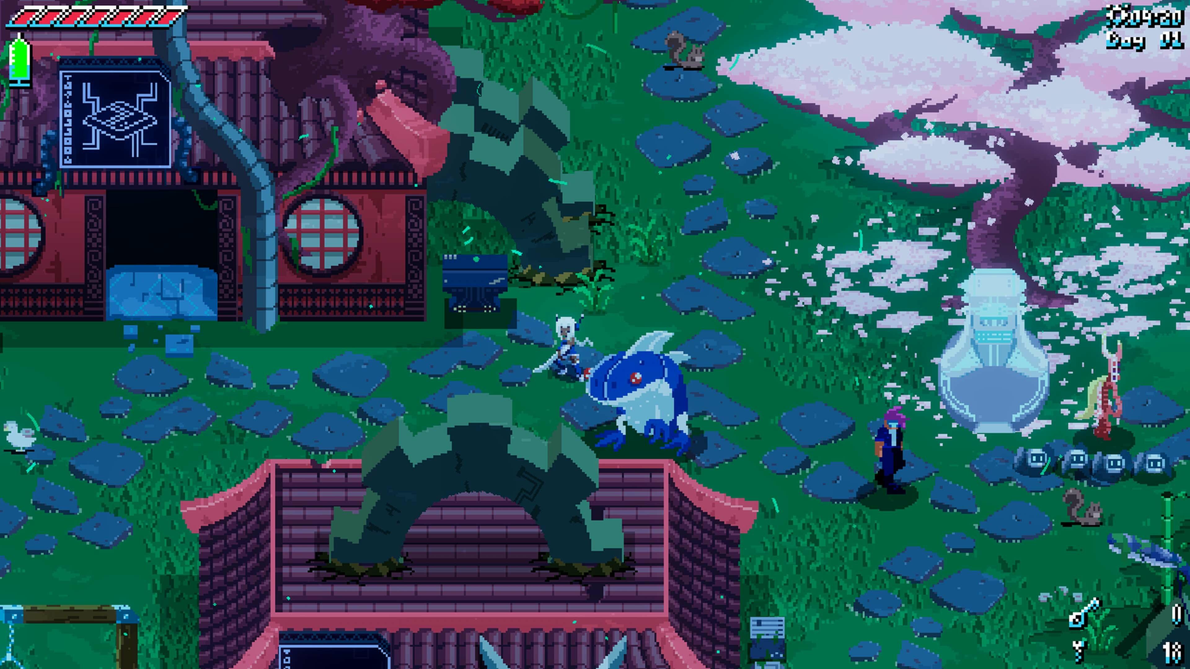 A pixel art down with cherry blossom trees and numerous character walking around; the player character has white hair and a large sword