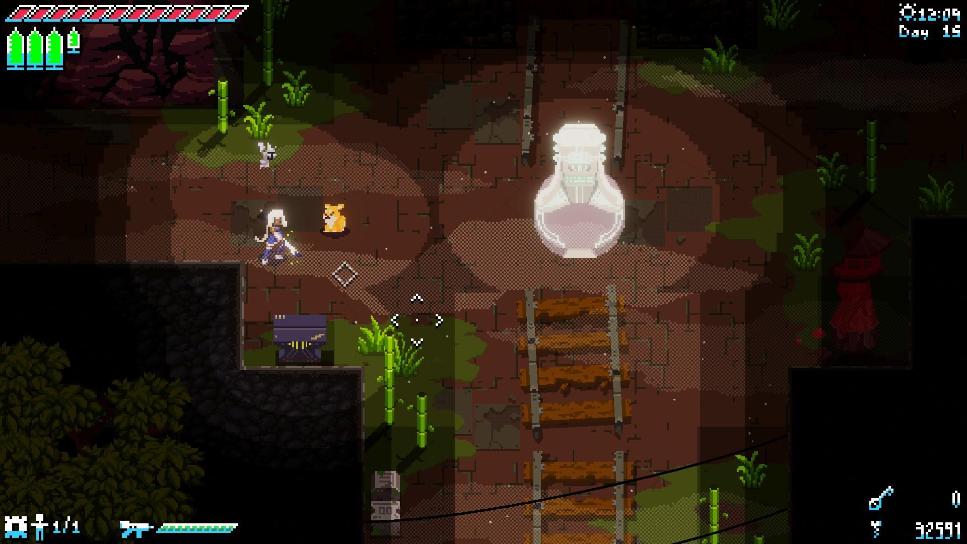 The player character is holding a large gun and standing in an underground mine with mine cart tracks nearby