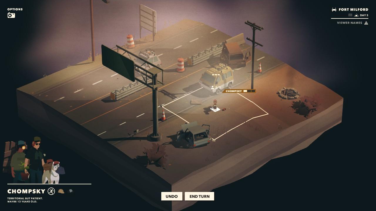 A low poly diorama of a ruined four lane roadway; a highway sign, trafic cones and broken cars litter the scene; a dog wearing a hat named CHOMPSKY is selected; their description is 'Territorial but patient; maybe 13 years old'