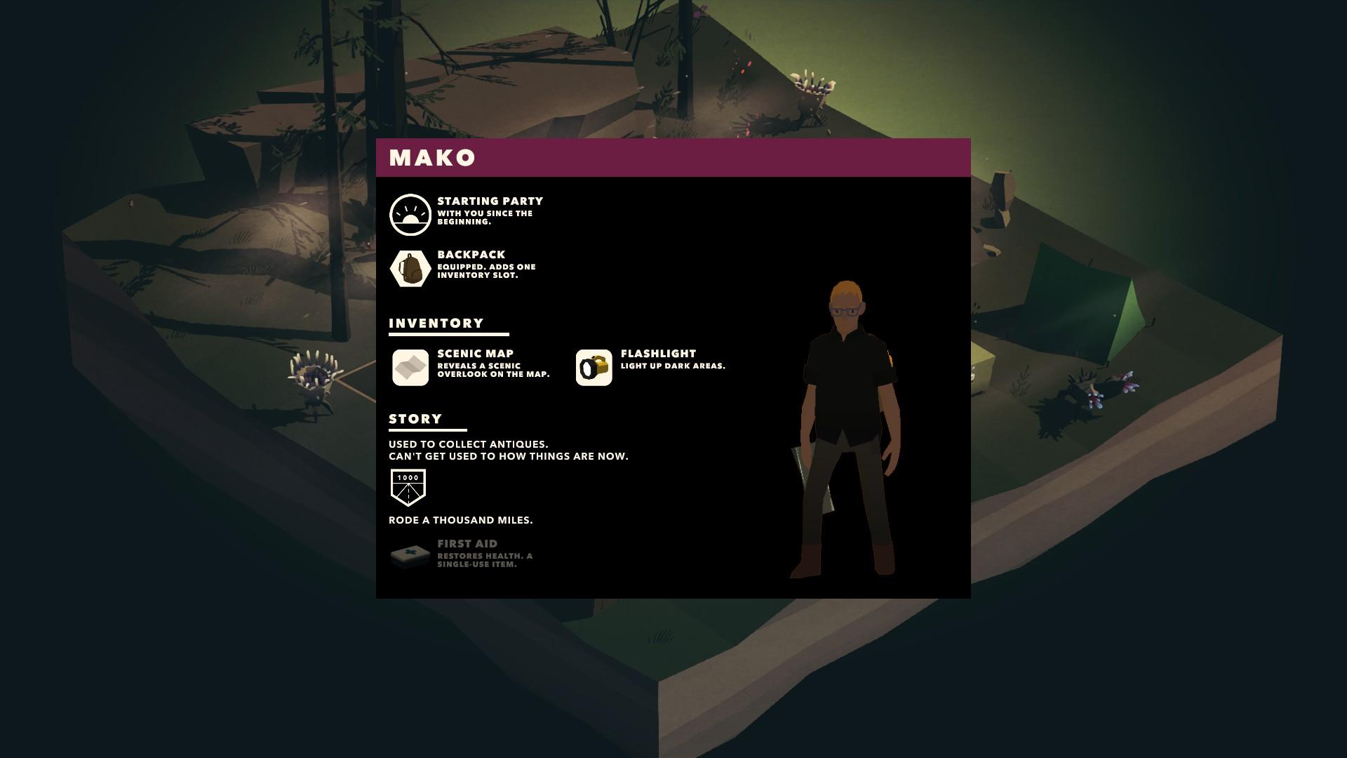 A character inspection screen shows the character MAKO - details read; STARTING PARTY, WITH YOU SINCE THE BEGINNING