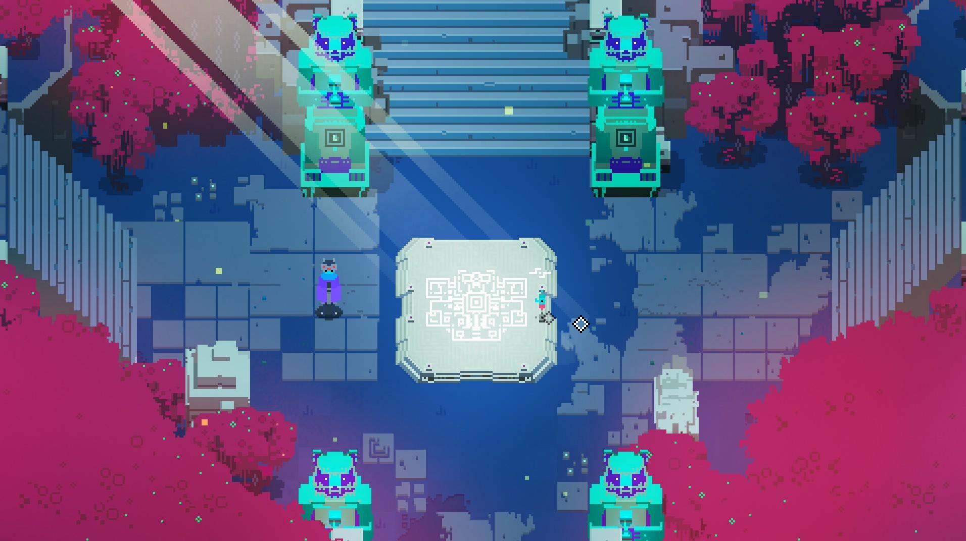A gorgeous pixel art setting with vibrant reddish trees and a character standing near a glyph on the ground