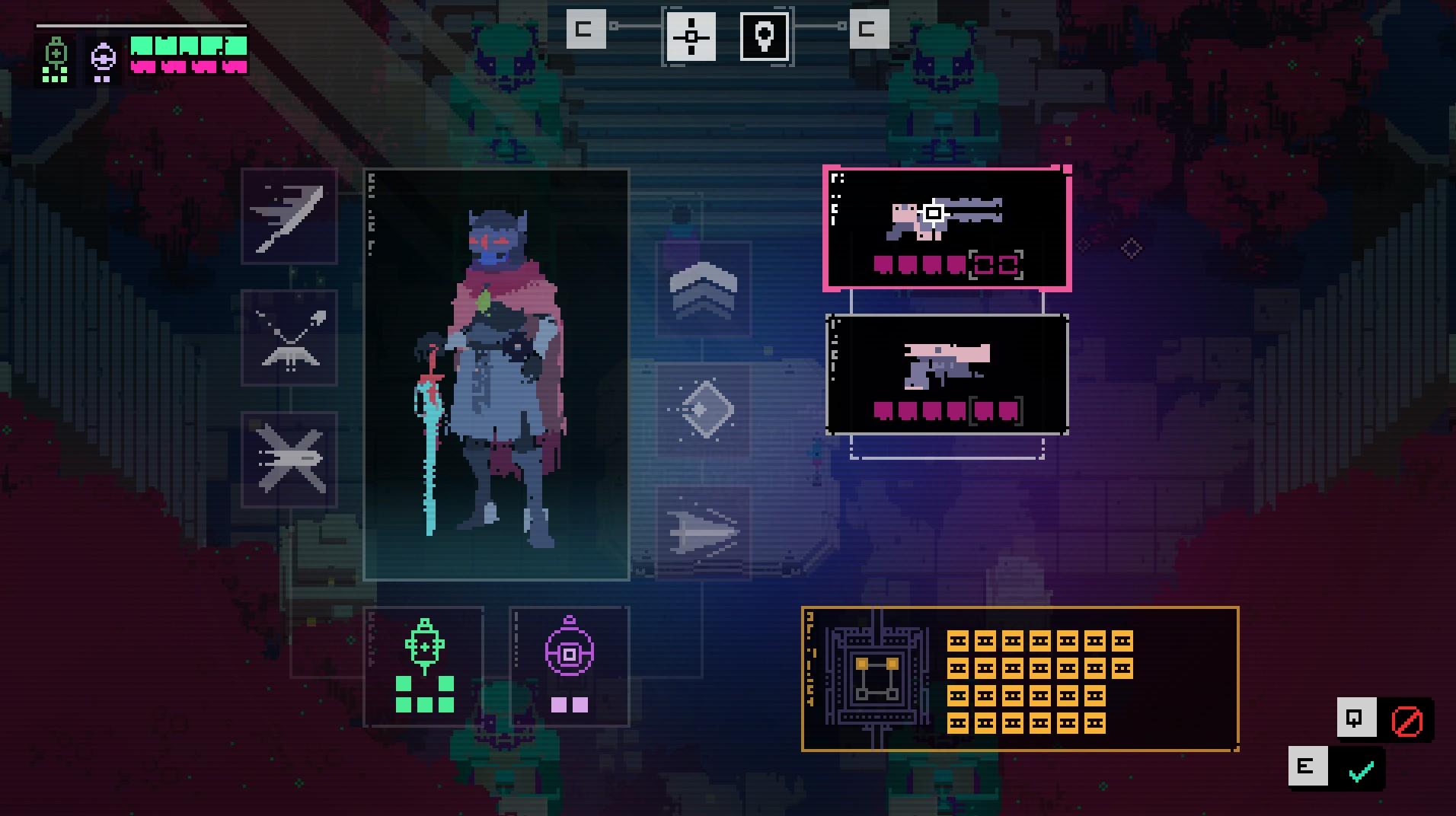 The inventory screen for Hyper Light Drifter showing multiple gun options to chose from and a series of golden money indicators