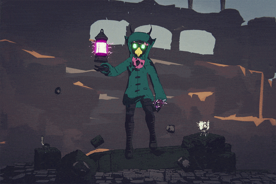 animated gif of a hooded figure with a bird beak, glowing eyes and antlers; they're floating above a brick floor levitating both themselves and some rocks