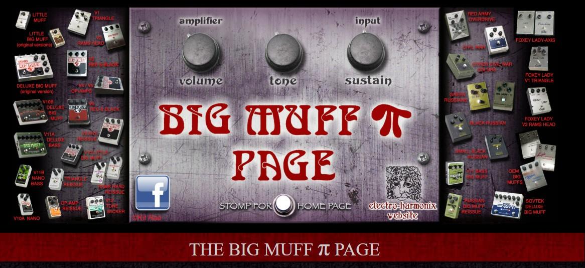 Header of 'The Big Muff Page' featuring an image of the iconic flat metal guitar pedal, accompanied by numerious smaller versions of the pedal surrounding it