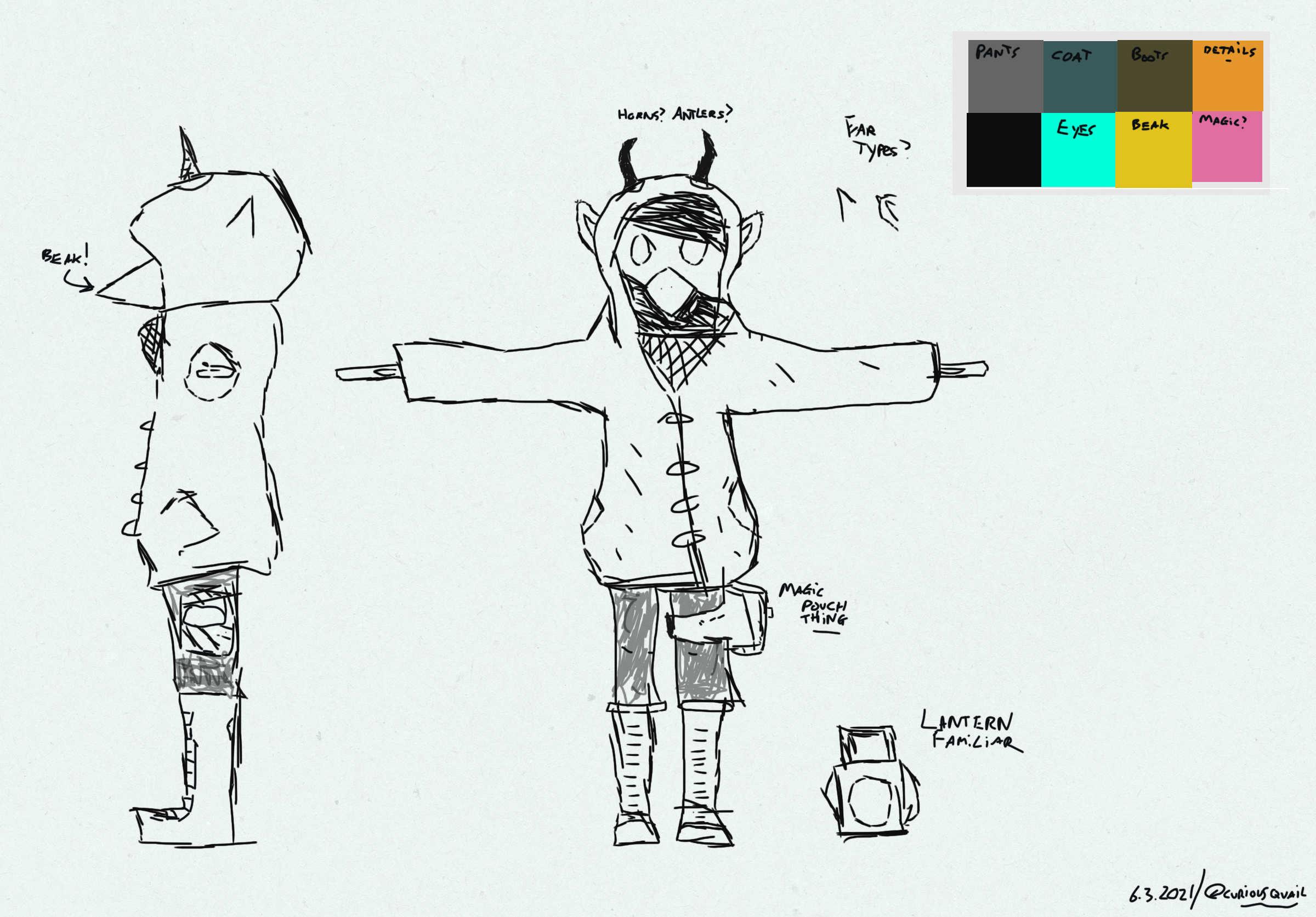 concept line art sketch of a creature with a bird beak and antlers