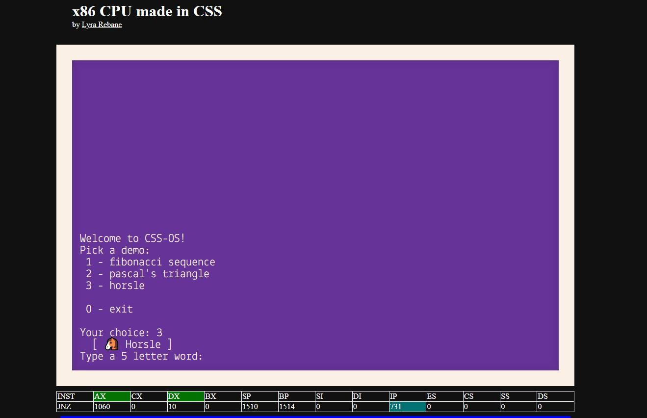 Screenshot of the CSS x86 processor output, asking to select from a menu of 3 options: fibonacci sequence, pascal's triangle, and something called 'horsle'