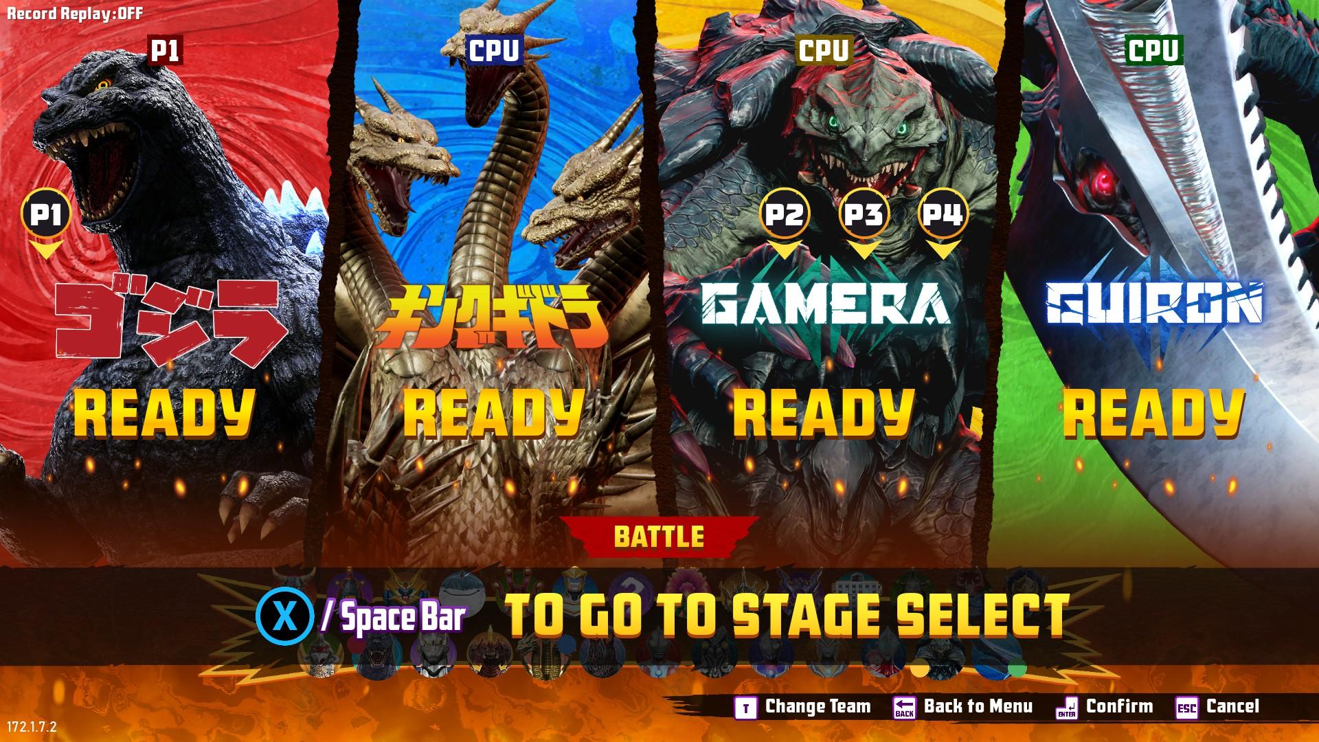 Character select screen for the game Gigabash; the four selected characters are Godzilla, King Ghidorah, Gamera and Guiron