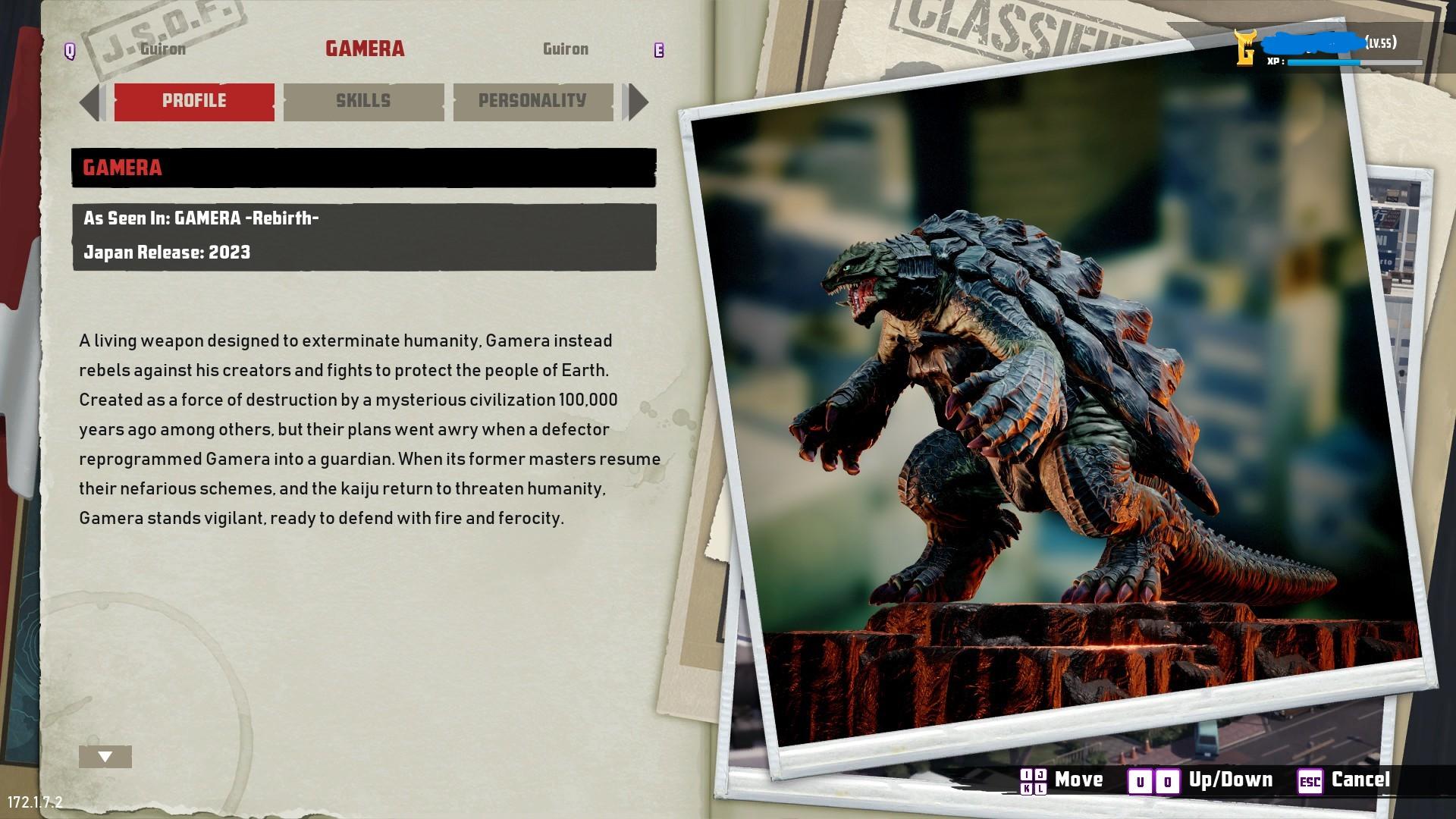 Menu screen from Gigabash; an overlay shows the character Gamera has been added via DLC