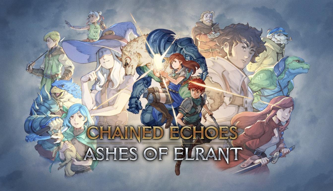 Key art for Chained Echoes: Ashes of Elrant; a swarm of anime-inspired characters on a cloudy background 