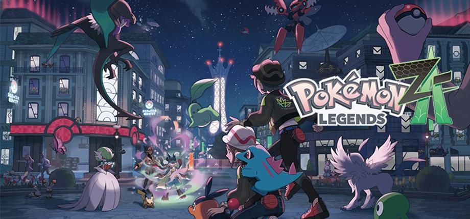 Key art and title logo for Pokemon Legends Z-A; it's night in anime paris with a fake Eiffel tower in the distance and characters are sneaking around with their pokemon