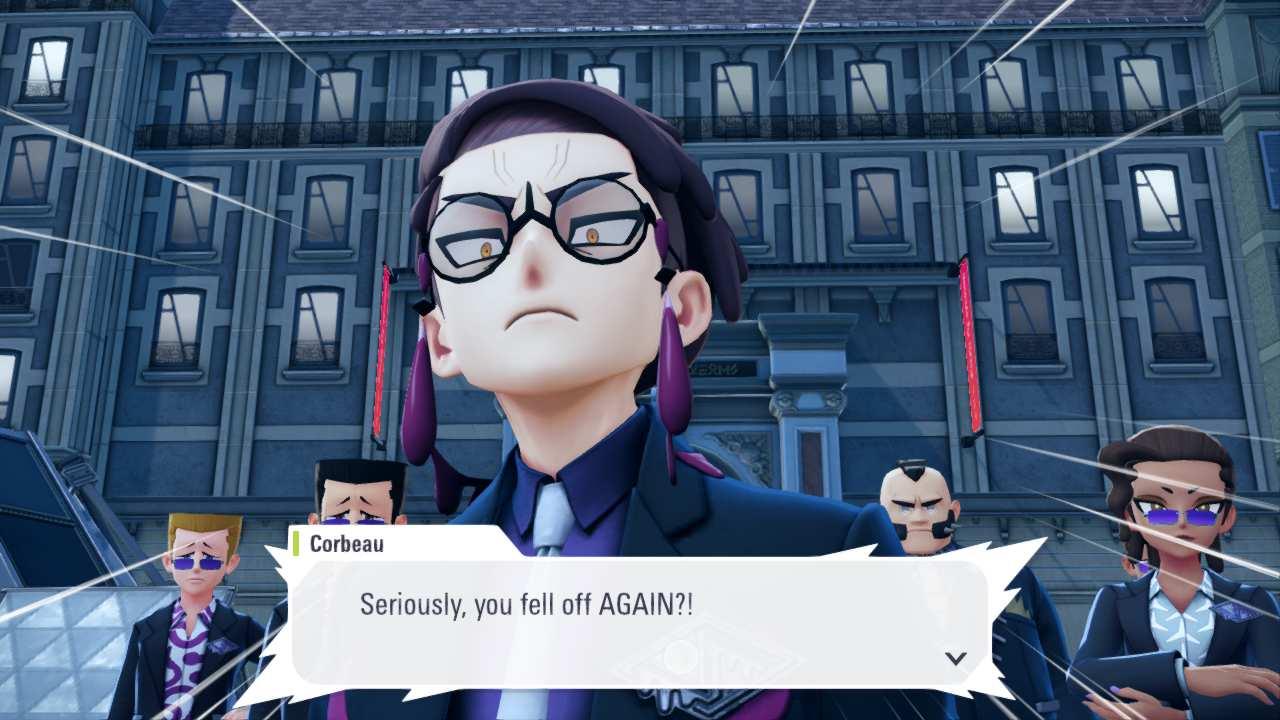  Corbeau, the purple and black-suited mafia boss is looking intensely at the camera with a text box that boisterously reads: 'Seriously, you fell off AGAIN ?!'