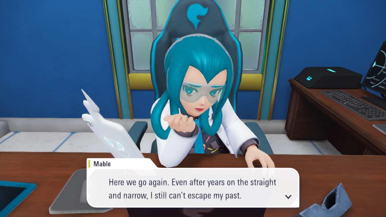 A blue haired woman in a labcoat sitting in a gamer chair with a flame logo on it, her text box reads 'Here we go again. Even after years on the straight and narrow, I still can't escape my past.' 