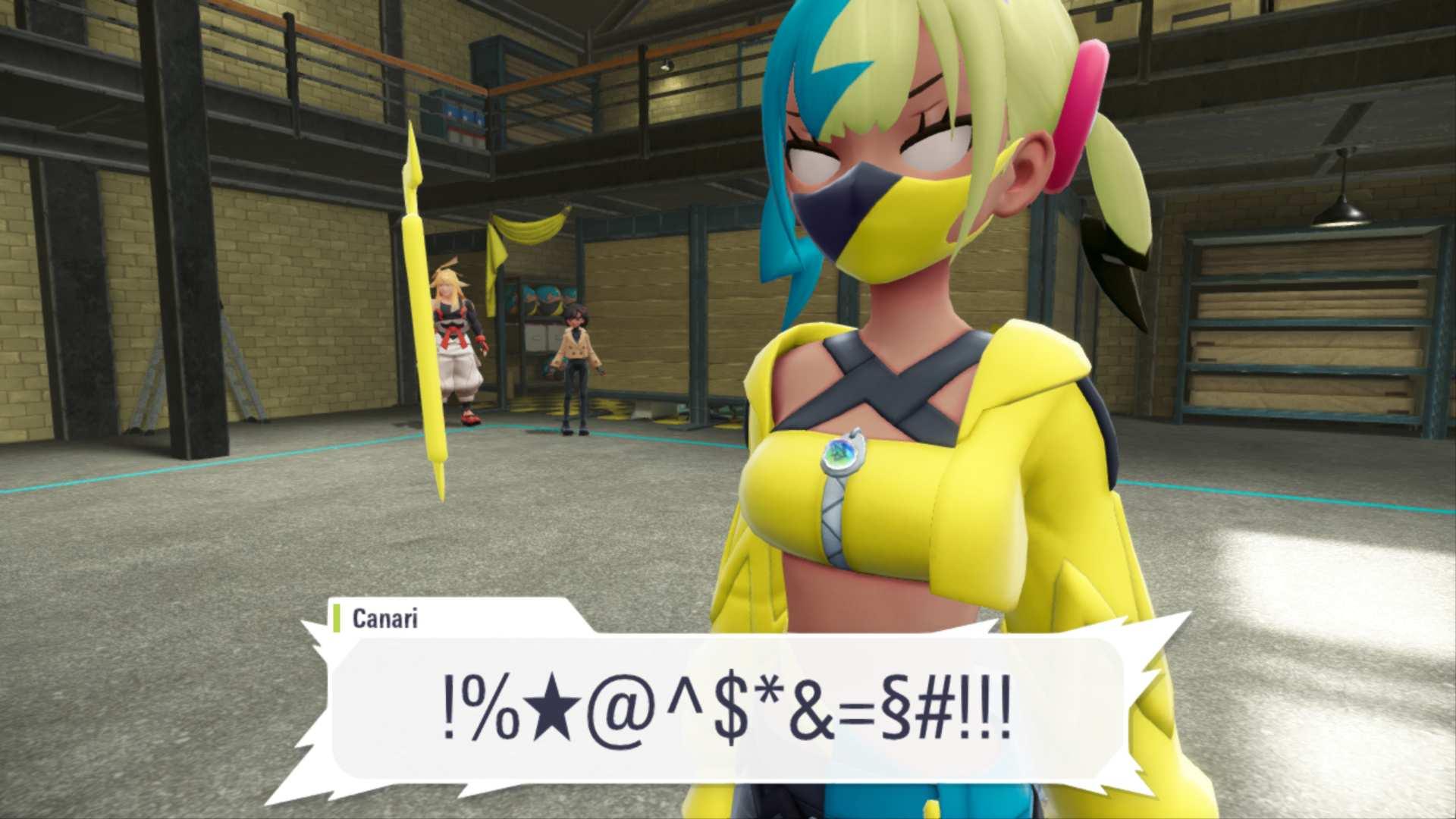 E-girl Canari, a blue and yellow haired woman in a yellow sports bra and crop top hoodie, wearing a face mask; she's cussing violently but it's censored out
