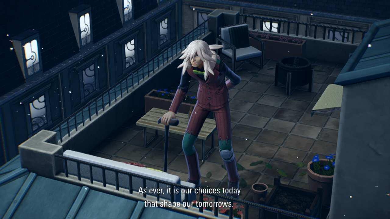An INCREDIBLY tall man with white hair leaning on a cane standing on the roof of a building looking off wistfully saying 'As ever, it is our choices today that shape our tomorrows.' His pants have additional kneepads sewn in
