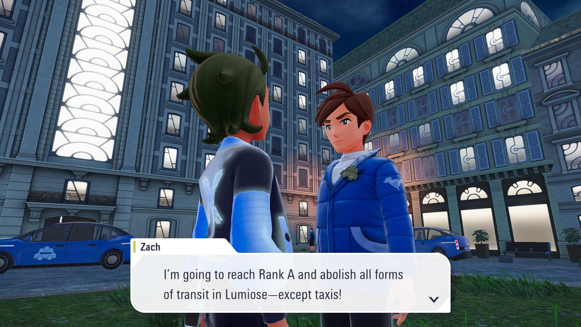A brown haired guy in a blue puffer jacket named Zach who is saying 'I'm going to reach Rank A and abolish all forms of transit in Lumiose-except taxis!'