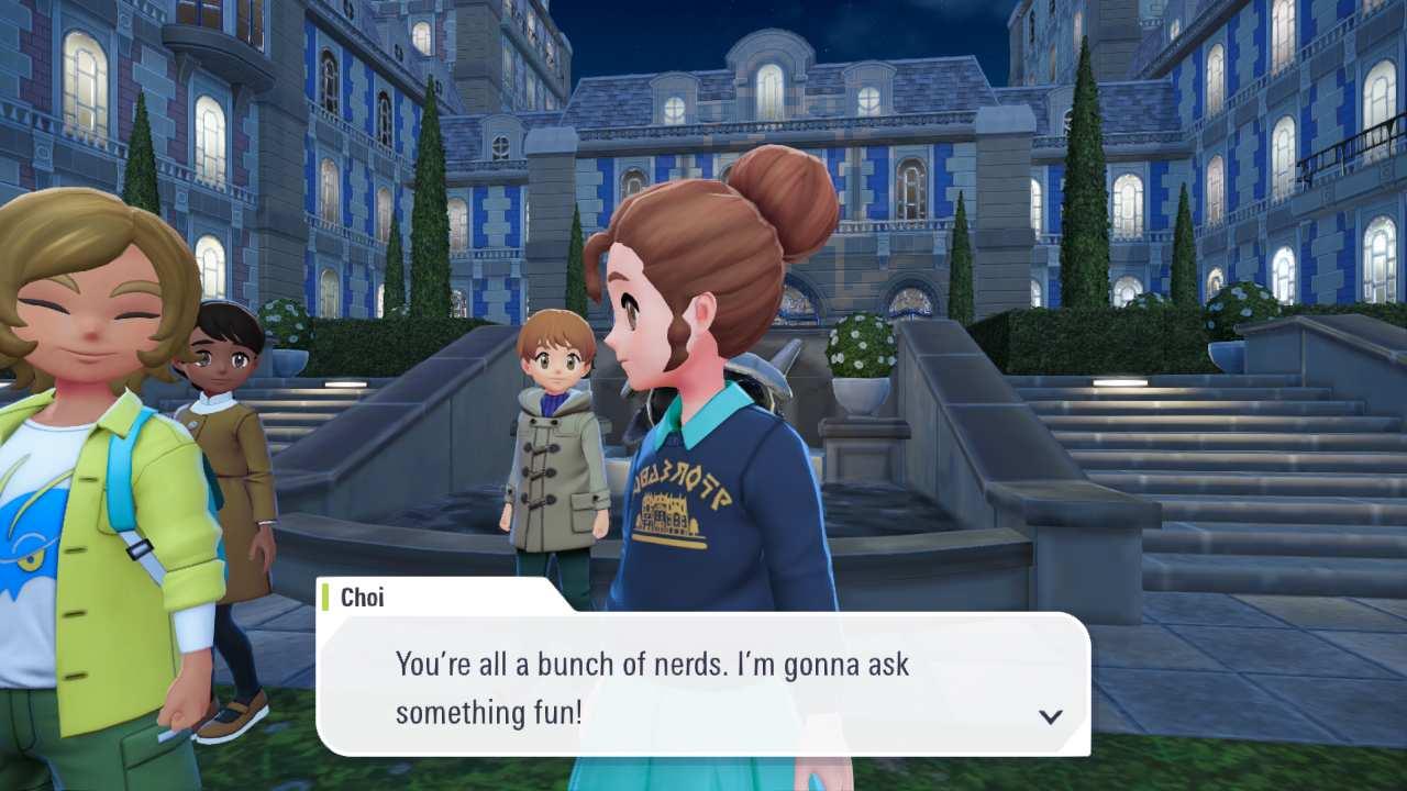 A brown haired character named Choi saying 'You're all a bunch of nerds. I'm gonna ask something fun!'