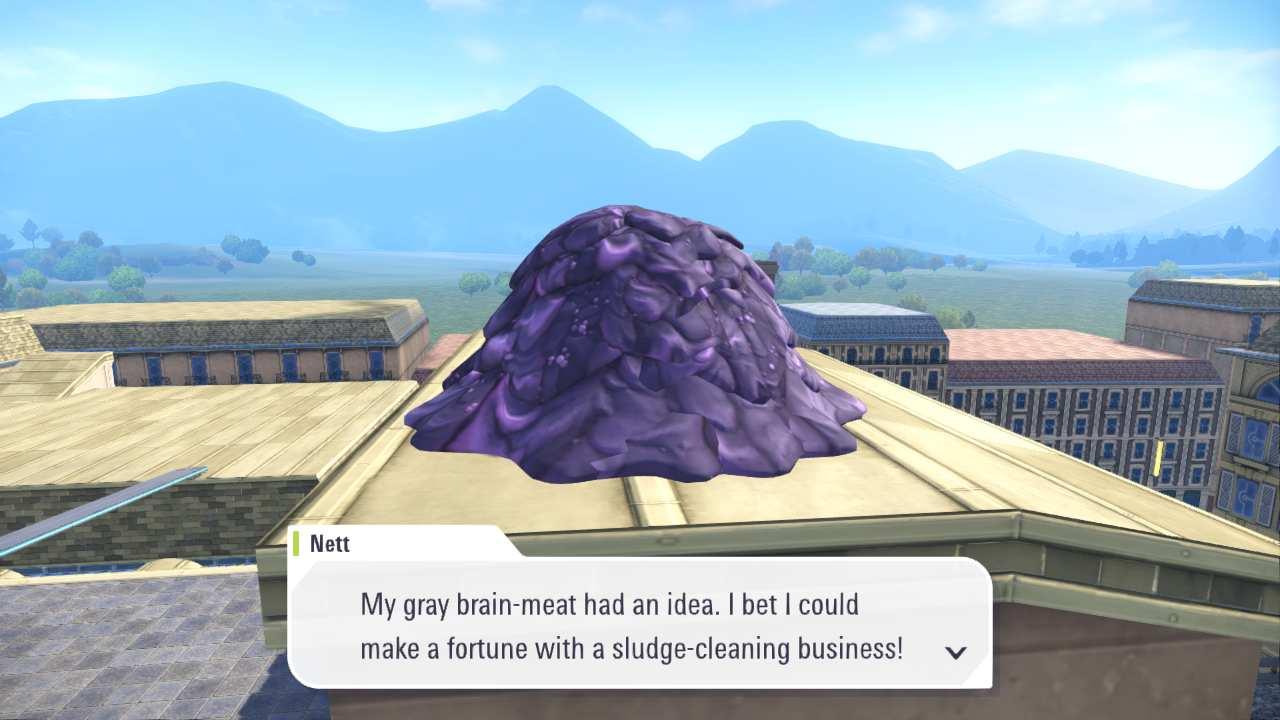 Image of a large purple sludge pile. A text box from 'Nett' reads 'My gray brain-meat had an idea. I bet I could
make a fortune with a sludge-cleaning business!' 
