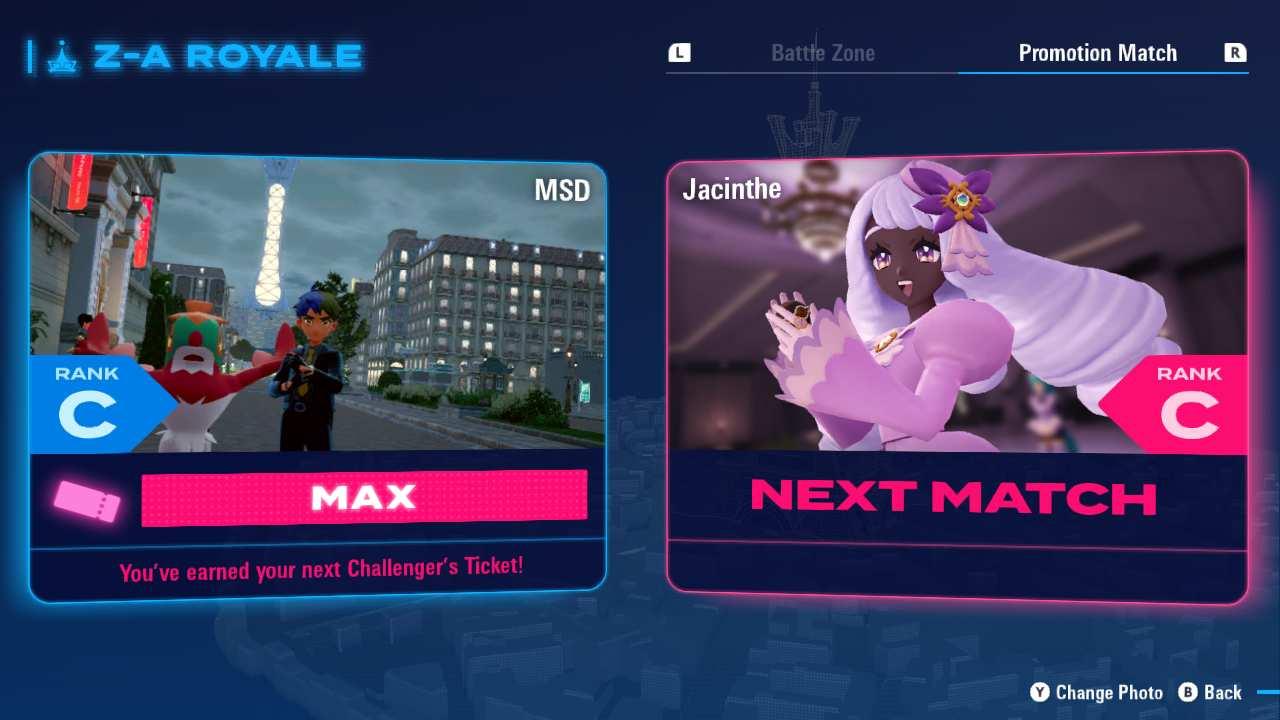 The Z-A Royale challenge match screen showing a matchup between my character and someone named Jacinthe, a dark skinned, white-haired woman in a pink dress