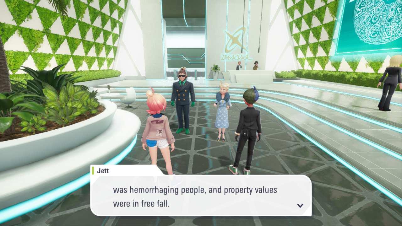 Four characters having a conversation; my player character with a mostly black outfit, green shoes and blue/green hair, Taunie (a ginger haired woman in shorts and a light brown jacket), Jett (the elderly CEO of the megacorp wearing a light blue dress and the comany's star logo as a pattern) and Vinnie, a large muscular man in a dark suit wearing green gloves, green boots and sunglasses indoors. Jett is saying '...was hemorrhaging people, and property values were in free fall.'