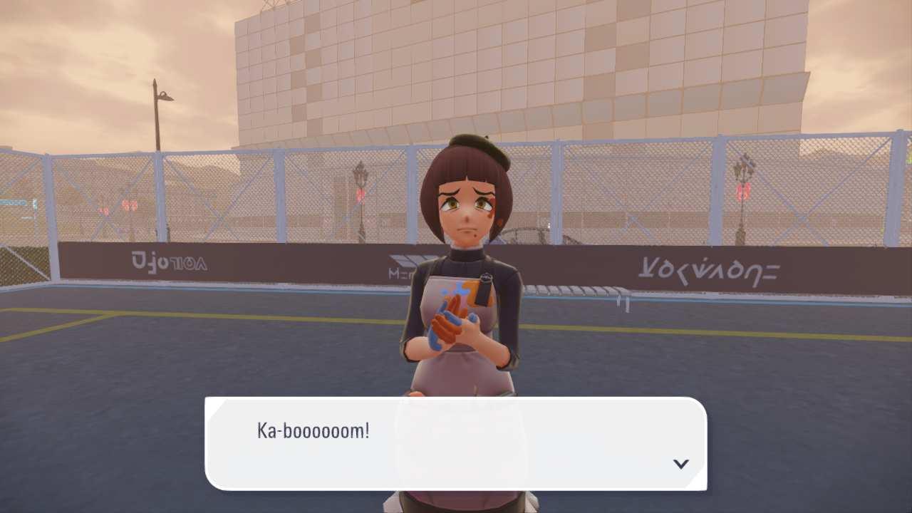 A woman with a contorted face wearing a 'painter' outfit, hands stained with paint - she's clapping and saying 'Ka-boooooooom'