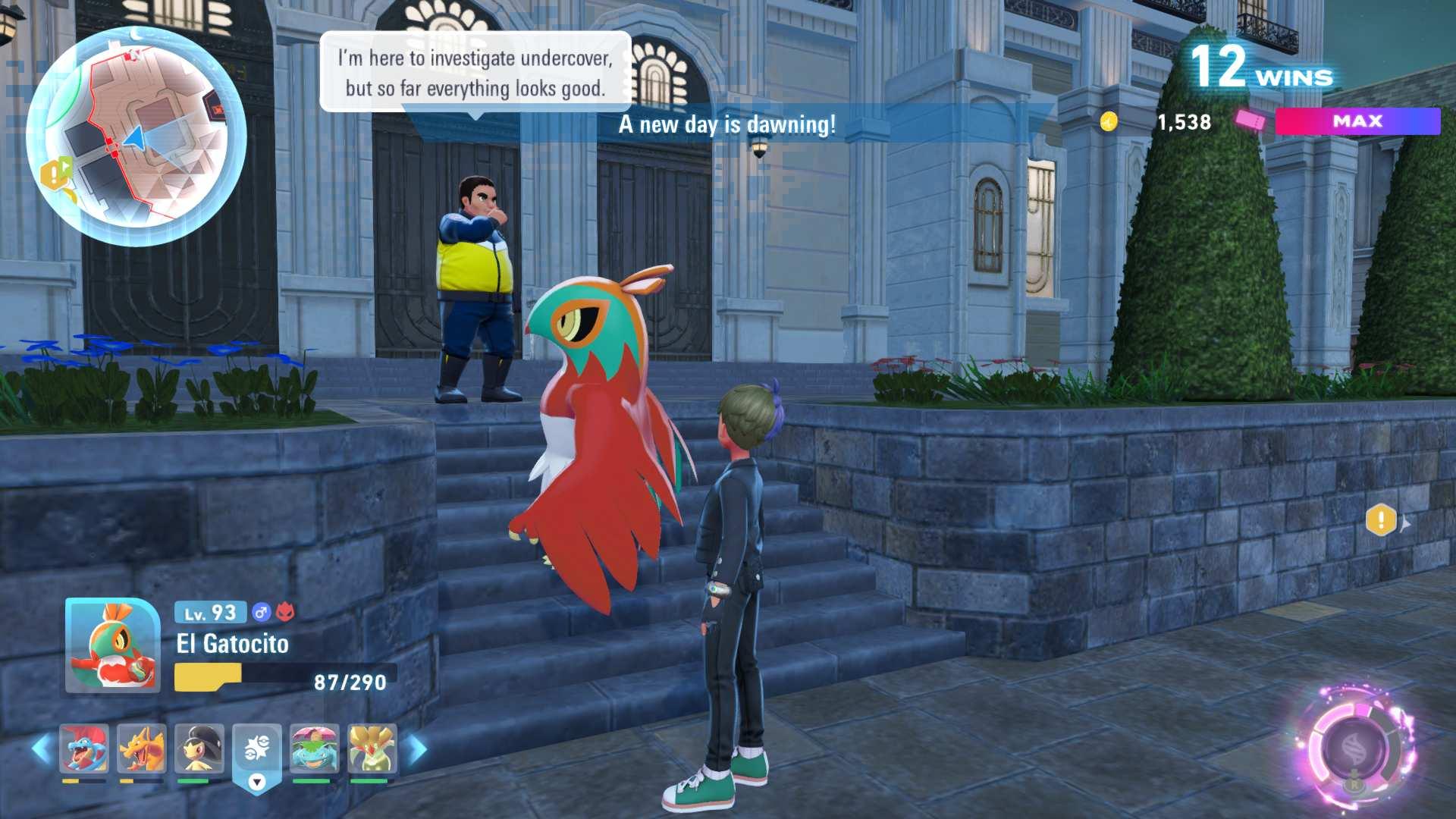Mid Pokemon Battle zone screenshot; there's a police officer with a text box that reads 'I'm here to investigate undercover,but so far everything looks good.' - the cop is wearing his police uniform and this feels a bit on the nose