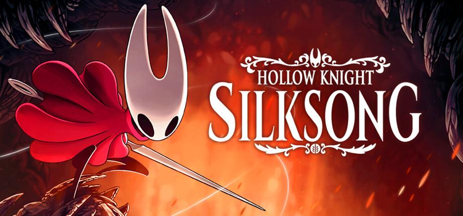 Key art for the game HollowKnight: Silksong featuring a buglike creature wearing a red cloak and holding a large needle as a weapon