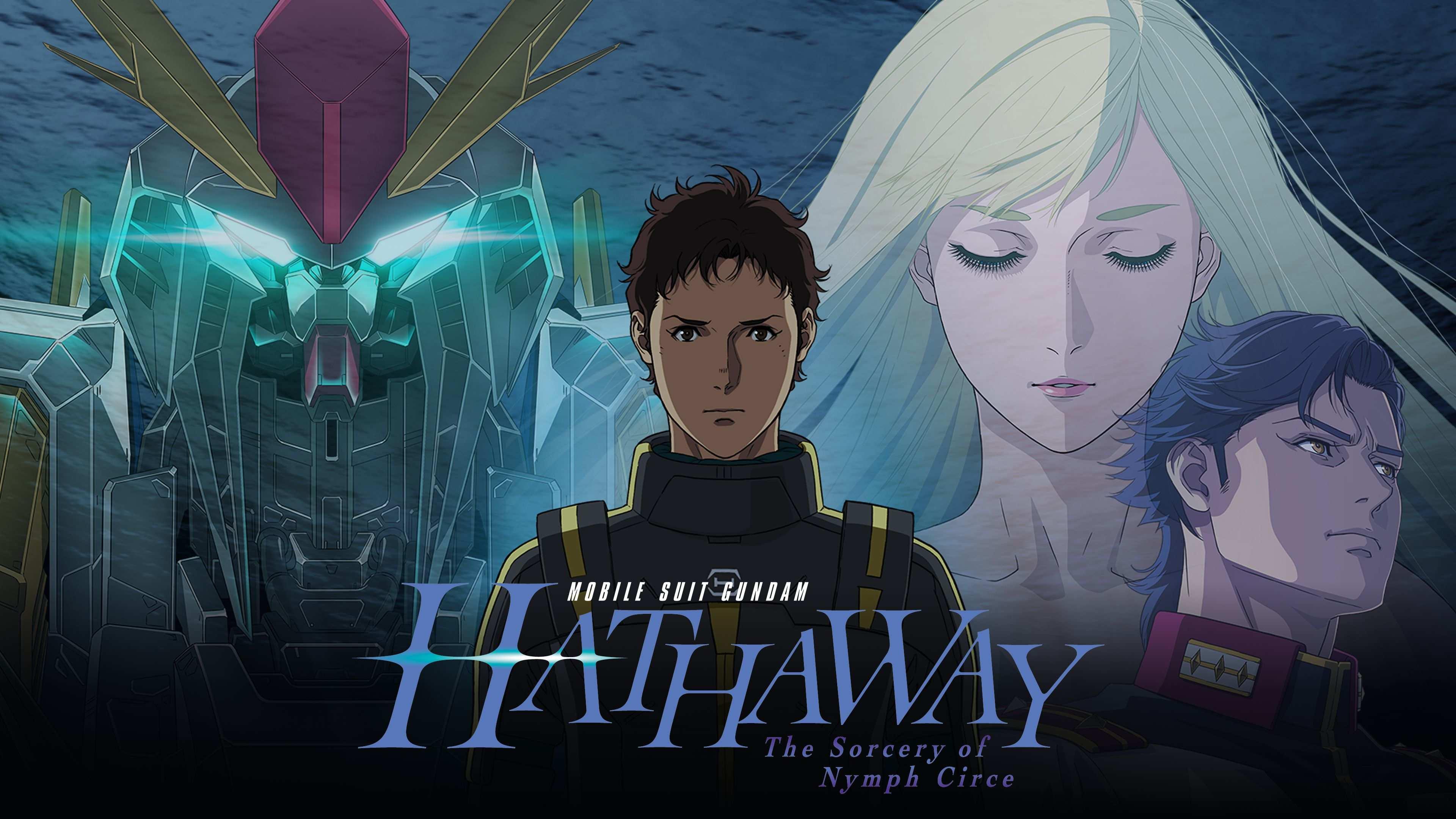 Key art for Mobile Suit Gundam Hathaway - The Sorcery of Nymph Circe; a brown haired man in the center of the frame with a blonde woman and a man in a military uniform taking up the right hand of the frame, and a ridiculously clunky Gundam Mobile Suit on the left