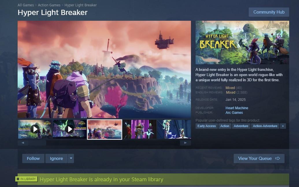 Steam page for Hyper Light Breaking showing overwhelmingly 'mixed' reviews