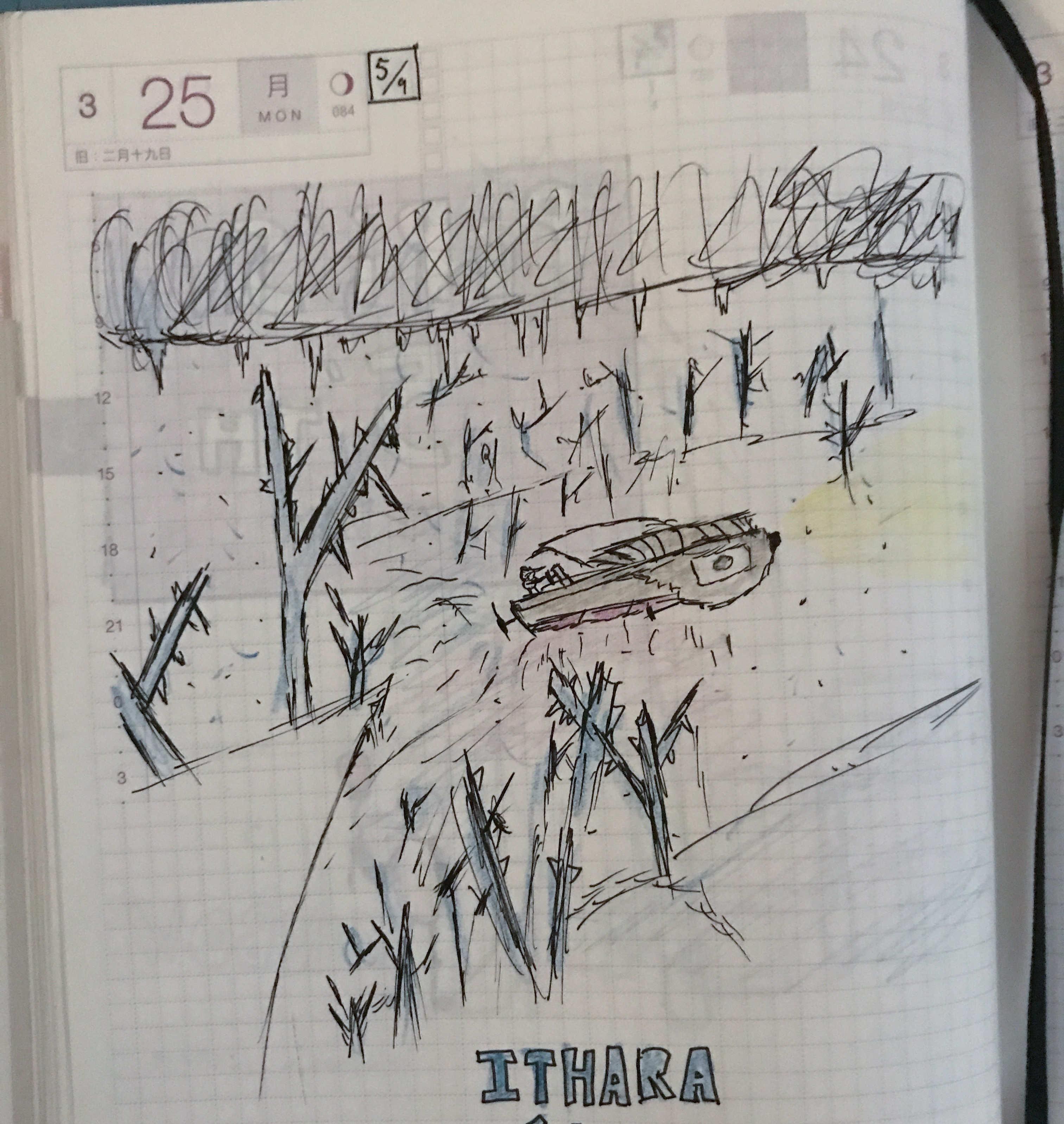 Drawing in a hobonichi Techo of a small airship piloting through ice covered trees; the word ITHARA at the bottom