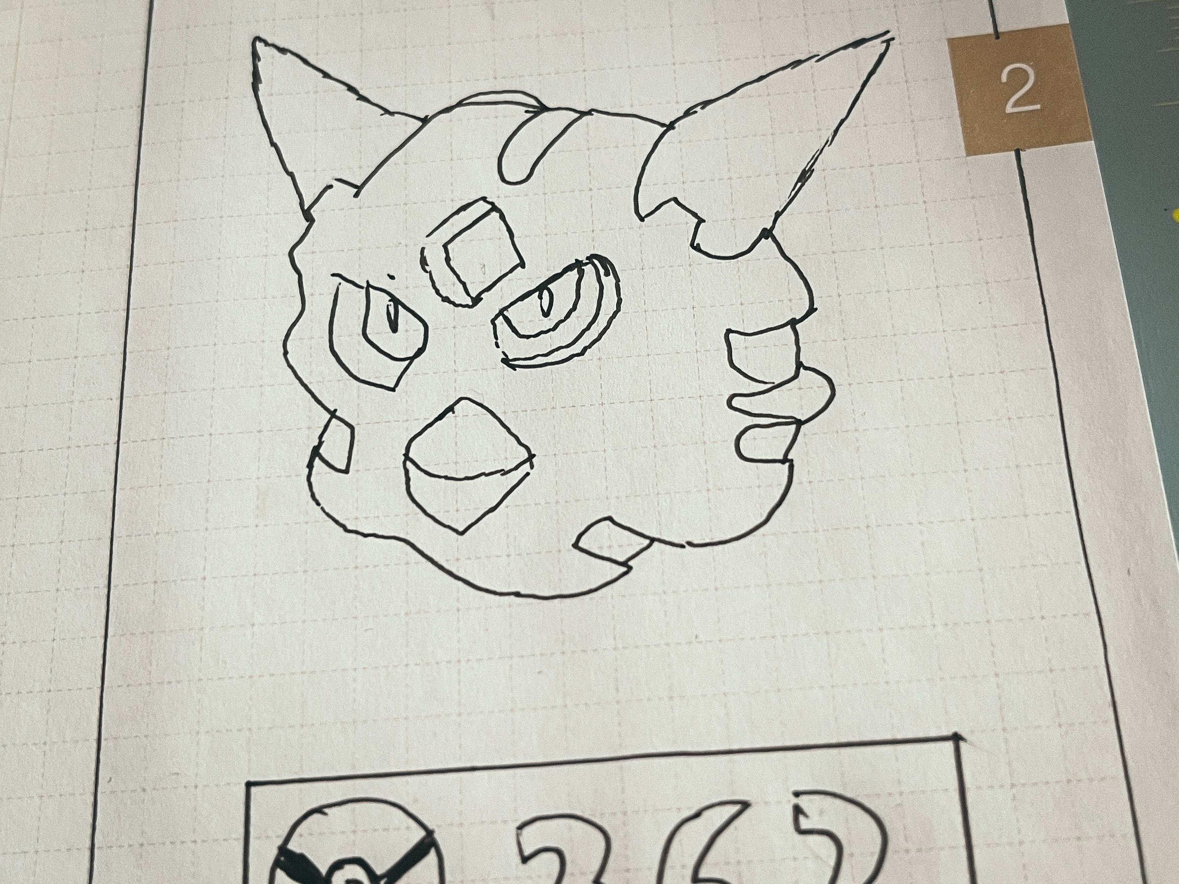 The pre-colored, pre-finished drawing from above; it looks like a Furby which is a mammalian like creature with a bird beak and rabbit ears