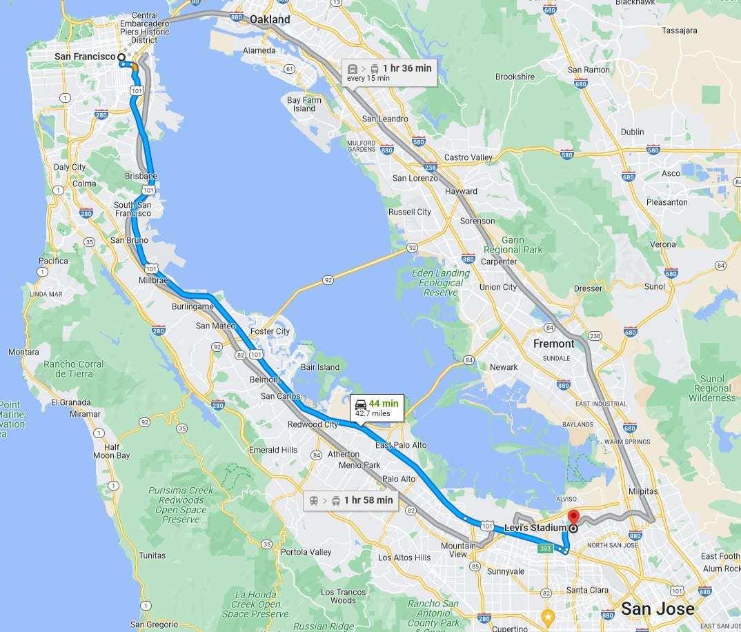 google map showing the incredibly large distance between Levi's statium in Santa Clara, California and the site of Super Bowl City in downtown San Francusco
