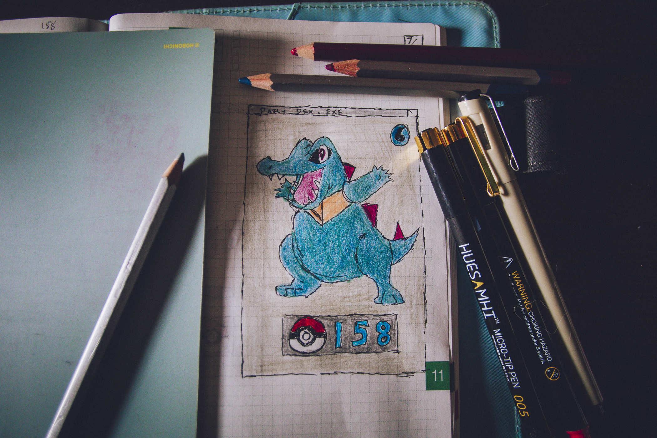 a hand drawn Totodile pokemon; a blueish green dinosaur - underneath is a red and white pokeball with the number '158'