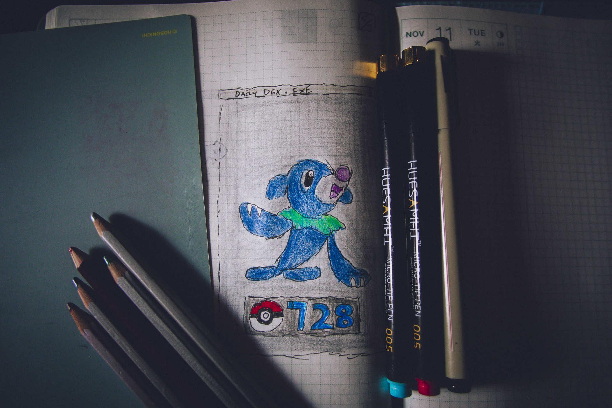 Drawing of the Pokemon Popplio - a sort of blueish seal-dog with a reddish nose - a red and white pokeball is underneath it with the number '728'