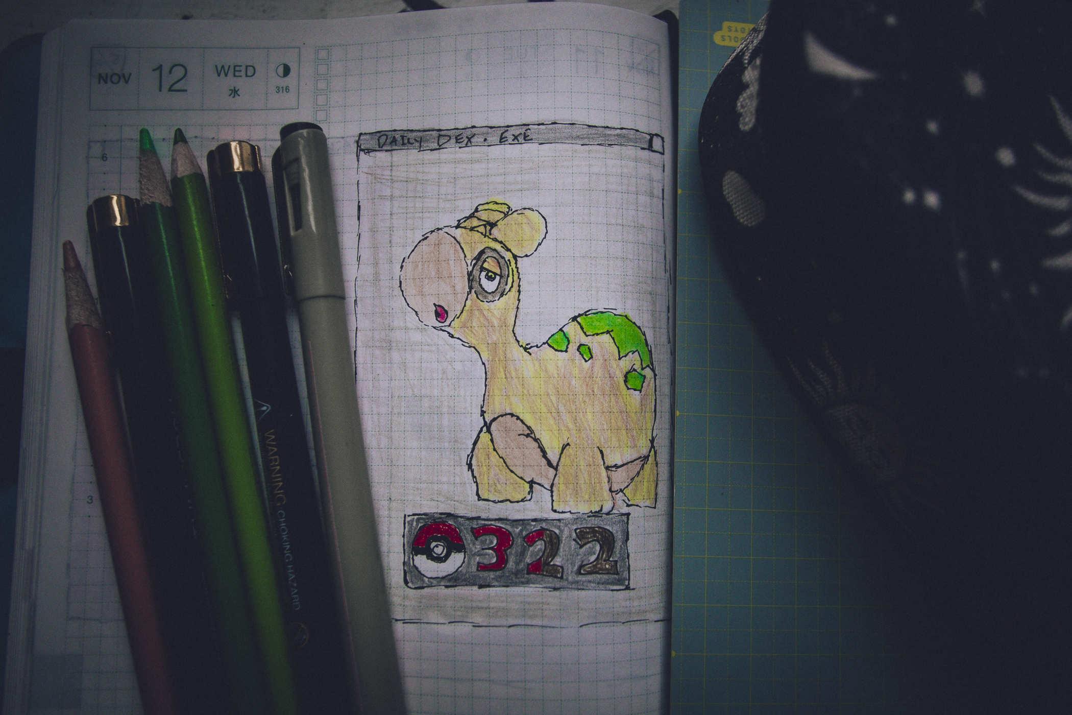 A hand drawn pokemon 322, the Numel - it's a camel with what looks like glasses and green egg shards on its hump